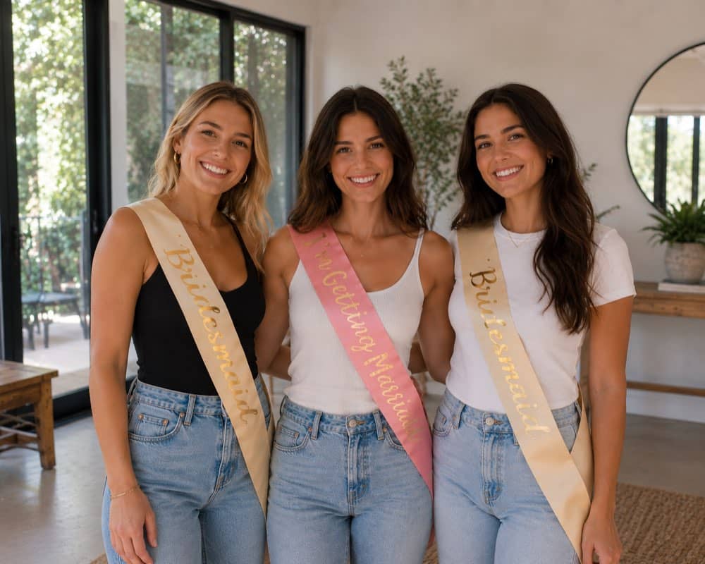 Brides and bridesmaids wearing “I'm Getting Married” and “Bridesmaid” sashes at a Wedding Expos Australia event